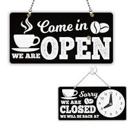 PLIGREAT Retro Open Closed Sign, Double-Sided Opened Sign with Clock We Are Open Closed Signs for Business Retail Store Window Wall Decor Hanging Door Signs with Chain, Vintage Coffee