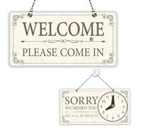 PLIGREAT Retro Patterns Double Sided Open Closed Sign with Clock Welcome Please Come In Sorry We Missed You Signs for for Business Retail Store Window Wall Decor Hanging Door Signs with Chain, White