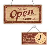 PLIGREAT Retro Wood Style Open Signs Double Sided Open Closed Sign Business Welcome Hours Acrylic Plaque for Retail Store Bar Cafes Window Wall Decor Hanging Door Sign with Chain, 30x15 cm