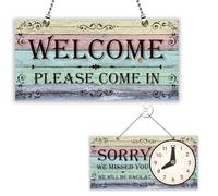 PLIGREAT Spliced Planks Double Sided Open Closed Sign with Clock Welcome Please Come In Sorry We Missed You Signs for for Business Retail Store Window Wall Decor Hanging Door Signs with Chain