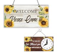 PLIGREAT Sunflowers Board Double Sided Open Closed Sign with Clock Welcome Please Come In Sorry We Missed You Signs for for Business Retail Store Window Wall Decor Hanging Door Signs with Chain