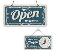 PLIGREAT Vintage Decorative Pattern Open Closed Sign with Clock Welcome Please Come In Sorry We Missed You Signs for Business Retail Store Wall Decor Hanging Door Signs Double Sided with Chain, Blue