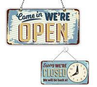 PLIGREAT Vintage Style Open Closed Sign with Clock Welcome Please Come In Sorry We Missed You Signs for Business Retail Store Window Wall Decor Hanging Door Signs Double Sided with Chain, Vintage Blue