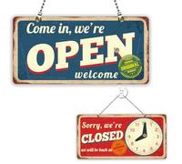 PLIGREAT Vintage Wood Business Hours Sign with Clock - Open/Closed Sign - Width: 15 cm, Length: As Shown, Height: As Shown - Wall/Door Mount - Includes Hook, Chain