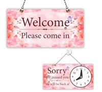 PLIGREAT Watercolor Floral Open Closed Sign, Double Sided Sign with Clock Welcome Please Come In Sorry We Missed You Signs for Business Retail Store Window Wall Decor Hanging Door Signs with Chain