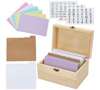 PLIGREAT Wood Index Card Holder for 8x12cm Cards, Business Cards Organizer with Lid 300 Pcs Index Card 10 Divider and 3 Pcs Letter Sticker, Wooden Flash Notecard Storage Box for Home Office Decor