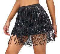 PLIKSUVER Womens Sequin Tassel Skirt Belly Dance Skirts Glitter Sequin Skirt Fringe Sparkle Rave Skirts for Women and Girls Festival Dance Outfits Black