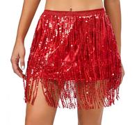 PLIKSUVER Womens Sequin Tassel Skirt Belly Dance Skirts Glitter Sequin Skirt Fringe Sparkle Rave Skirts for Women and Girls Festival Dance Outfits Red