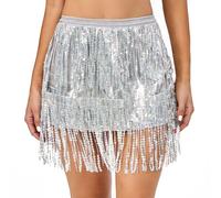 PLIKSUVER Womens Sequin Tassel Skirt Belly Dance Skirts Glitter Sequin Skirts Fringe Sparkle Rave Skirt for Women Festival Dance Outfits Silver