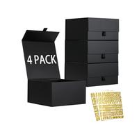 PLINJOY 4 Pack Black Gift Box,9x9x5 Inch Bridesmaid Proposal Box with Magnetic Lid,Gold Letter Stickers,Shredded Paper Filler For Wedding Packaging, Present, Birthday,Christmas