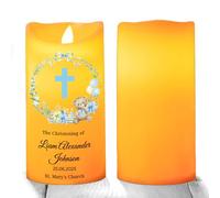 Plintara Personalised Christening Candle LED - Custom Baby Name Baptism Gift with Printed Cross, Flameless Safe Keepsake, 7.5x15/17.5cm (Blue)