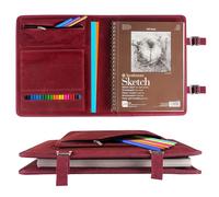Plinyvel Sketchbook Cover for Travel with Pencil Holder - Waxed Canvas Organizer Compatible with 9x12 Sketch Book & 8.5x11 Spiral Pad | Art Supply Storage for Drawing Pens, Pencils (Red)