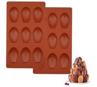 Plipdhy 2Pieces Madeleines Baking Tray,9 Cavities Silicone Baking Mold for Madeleine,Non-Stick Silicone Madeleine Mould,Reddish Brown Shell Shaped Silicone Cake Mould,for Biscuits,Chocolate,Mousse