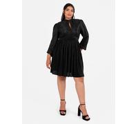 Lovedrobe Women's Mini Dress Ladies Long Balloon Sleeve High Neck Keyhole Detail Fit and Flare Plissé Cocktail Evening Occasion, Black 18
