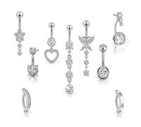 Plkjiu 9Pcs Stainless Steel Belly Button Bars Set - Curved Navel Rings with Heart Butterfly & Flower Designs, Short & Long Belly Bars for Women, Body Piercing Jewelry (Sliver)