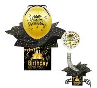 Plkjiu Birthday Money Box with Balloons - Pull Surprise Cash Gift Box for Any Age, Fun Money Cake Alternative with Pull Out Mechanism, Unique Present for Boys, Girls, Teens, Men, Women (Black & Gold)