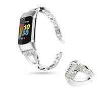 Plkjiu Straps for Fitbit Charge 6 Charge 5 Bling Crystal Metal Replacement Strap Compatible with Charge 5/6, Adjustable Silver Rhinestone Watch Band, Hollow Link Ladies Wristband