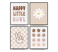 PLKMN PLKMK Boho Girls Room Decor, Daisy Wall Decor, Beige Wall Decor, Preppy Retro Wall Art, Checkered Peace Hand Sign Wall Art Prints Decor, 8x10 (Unframed)