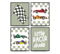 PLKMN Race Car Room Decor for Boys,Little Racer Dude 8x10 Art Print,Buffalo Plaid Decor,Inspirational Boys Room Quote Wall Art Poster for Boy Playroom Bedroom Decor Set of 4 Unframed (Green)