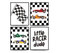 PLKMN Race Car Room Decor for Boys,Little Racer Dude 8x10 Art Print,Buffalo Plaid Decor,Inspirational Boys Room Quote Wall Art Poster for Boy Playroom Bedroom Decor Set of 4 Unframed, LH-58