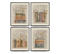 PLKMN Vintage Floral Wall Decor, Retro Library Book Club Gifts, Book Themed Party Decorations 4 Pcs, Bookish Posters for Women Girls, Wildflower Books Wall Art Decor for Home Living Room Bedroom