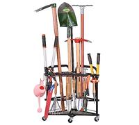 PLKOW Garden Tool Organizer with Wheels and Storage Hooks, Rolling Corner Tool Storage Rack for Garden, Shed, Garage, Powder Coated Steel, Black