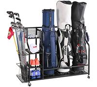 PLKOW Golf Bag Organizer for 3 Full Size Bags, Extra Large Golf Storage, Fits Golf Clubs & Accessories, Garage Organizer with Wheels & Brake