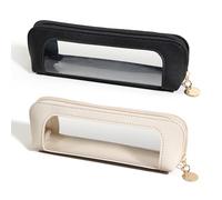 PLLDVEFD 2-Piece Student Pencil Bag, Brown Leather, Zipper Closure, 2 Compartments, Classic Style