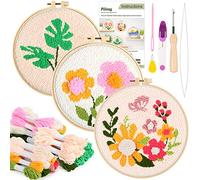 Pllieay 3 Set Punch Needle Embroidery Starter Kits Include Instruction, Punch Needle Fabric with Pattern, Yarns, Embroidery Hoops for Rug-Punch & Pinch Needle