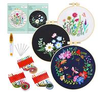 Pllieay 3 Sets Full Range of Embroidery Starter Kit with Patterns and Instructions, Include Embroidery Clothes with Floral Pattern, 3 Pieces Plastic Embroidery Hoops, Color Threads and Tools