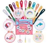 Pllieay 6PCS Stamped Embroidery Kit for Beginners, Needlepoint Kits for Beginners with Pre-Printed Pattern, Hoop, Threads, Keychains and Instructions, Kids Cross Stitch Kits Supplies for Crafting