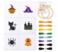 Pllieay Halloween Cross Stitch Beginner Kit for Kids 7-13, Includes 6pcs Project Cross Stitch Pattern and 2pcs Hoops, 8 Skeins, Needle Point Starter Kit Sewing Set with Instructions