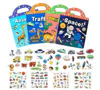 Plliocse Reusable Sticker Books for Kids 3+ Years Old, 4 Pack Sticker Book Include Themes Animal Space Vehicles Dinosaur, 90+ Puffy Stickers, Educational Learning Tool for Kid (Style A)