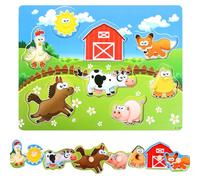 Plliocse Wooden Jigsaw Puzzles for Kids, Farm Animals Peg Puzzles Toy for Toddler 1 Year Old, Preschool Educational Puzzle Jigsaw Toys, Full-Color Pictures (A-501)