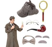 PLLYPE Detective Costume Accessories, 7PCS Sherlock Holmes Accessories, 1920s Detective Costume with Hat, Bow Tie, Magnifier, for Kids and Adults Halloween, Cosplay, Carnival