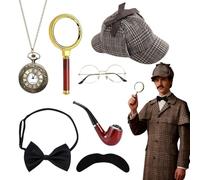 PLLYPE Detective Costume Accessory Set, 5 Pieces Sherlock Holmes Costume, Detective Cosplay Props, with Detective Hat, Metal Glasses, Magnifying Glass, Men's Bow Tie, Beard, for Children, Adults