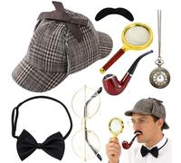 PLLYPE Detective Costume Accessory Set, 7 Pieces Sherlock Holmes Costume Accessories with Detective Hat, Metal Glasses, Magnifying Glass, Men's Bow Tie, Beard, Detective Cosplay Props for Adults