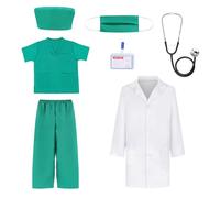 PLLYPE Doctor Costume, 7PCS Doctor Nurse Dress Up with Lab Coat, Stethoscope, Scrubs Costume, Mask, Cap, Name Tag Doctors Scrubs for Boys Girls Dress Up Halloween Cosplay