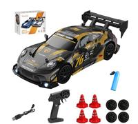 PLLYPE RC Drift Car, 1:24 Remote Controlled Drift Car, 2.4 GHz Mini Drift Car with LED Lights, 15 km/h RC Car Drift, with 4 Tyres and 4 Road Blocks, Gift for Adults Children, Black Gold