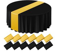 PLMMOUT 16 PCS Round Plastic Tablecloth and Satin Table Runner, Black and Gold Disposable Tablecloth, 84" Plastic Table Cover 12x108'' Runners Set, TableCloths for Wedding Birthday Party Bridal Shower