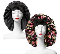 PLMMOUT 2Pcs Satin Silk Bonnets for Women,Hair Bonnet with Tie Band,Silk Bonnet Sleeping Cap for Curly Hair (Black&Black Flower)