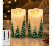 Plmmperation Christmas Flameless Candles Light, 2Pack Xmas Tree LED Candle with Remote & Timer, Dimmable Real Wax Electric Candles Battery Operated, Candle for Festival Decorations (Green Xmas Tree)