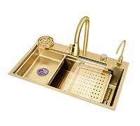 PLMNBQWE Golden Sink Waterfall Vegetable Basin 304 Stainless Steel Large Single Groove 4mm Thickened Kitchen Sink