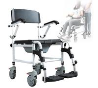 PLMNBQWE Shower Chair with Lockable Casters Bedside Commode Wheelchair with Potty Shower Stool with Flip up Arms Ergonomic Back and Adjustable Height Mobile Accessible