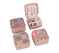 Plmvhpb 4PCS Vintage Cork Jewelry Boxes Square-Shape Flower Printed Zipper Jewelry Case Portable Necklace Earrings Storage Box