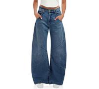 PLNOTME Womens High Waisted Barrel Jeans Casual Loose Boyfriend Wid Leg Denim Pants, Blue, 10
