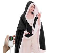 PLOATH - Heated Electric Blanket: hooded poncho and sherpa with 10 heating levels and various time settings (40" x 70", Black)
