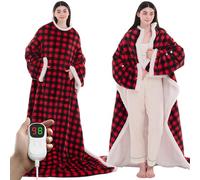 PLOATH Wearable Heated Blanket with Foot Pocket, Heating Blanket with Sleeves, Sherpa and Flannel Heated Shawl, 10 Heat Levels and Multi Timer Settings, 50 x 75 Inches, Red Plaid