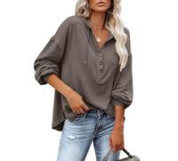 PLOKNRD Hoodie Women Long Sleeve Drawstring Pullover Button Down Henley Sweatshirt Casual Loose Sweaters(Brown,XL)