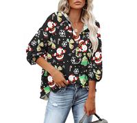 PLOKNRD Hoodie Women Long Sleeve Drawstring Pullover Button Down Henley Sweatshirt Casual Loose Sweaters Christmas Tree Santa M